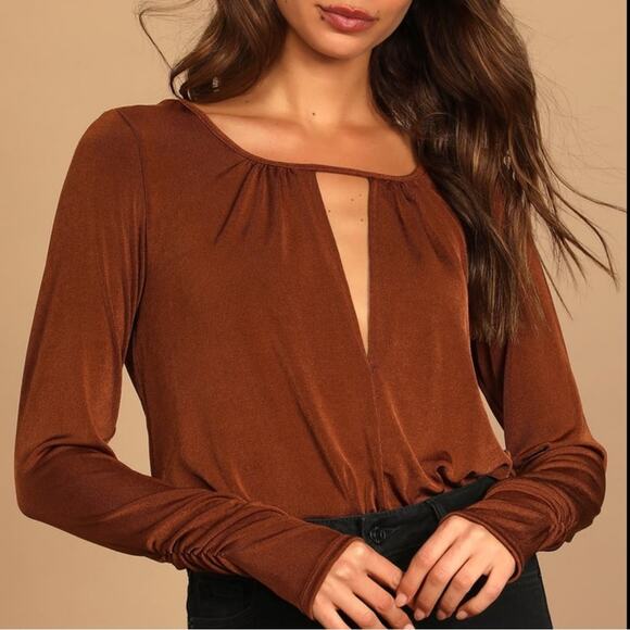 Free People Intimately Kaya Rust Brown Long Sleeve Cutout Bodysuit Size XL - Picture 1 of 15